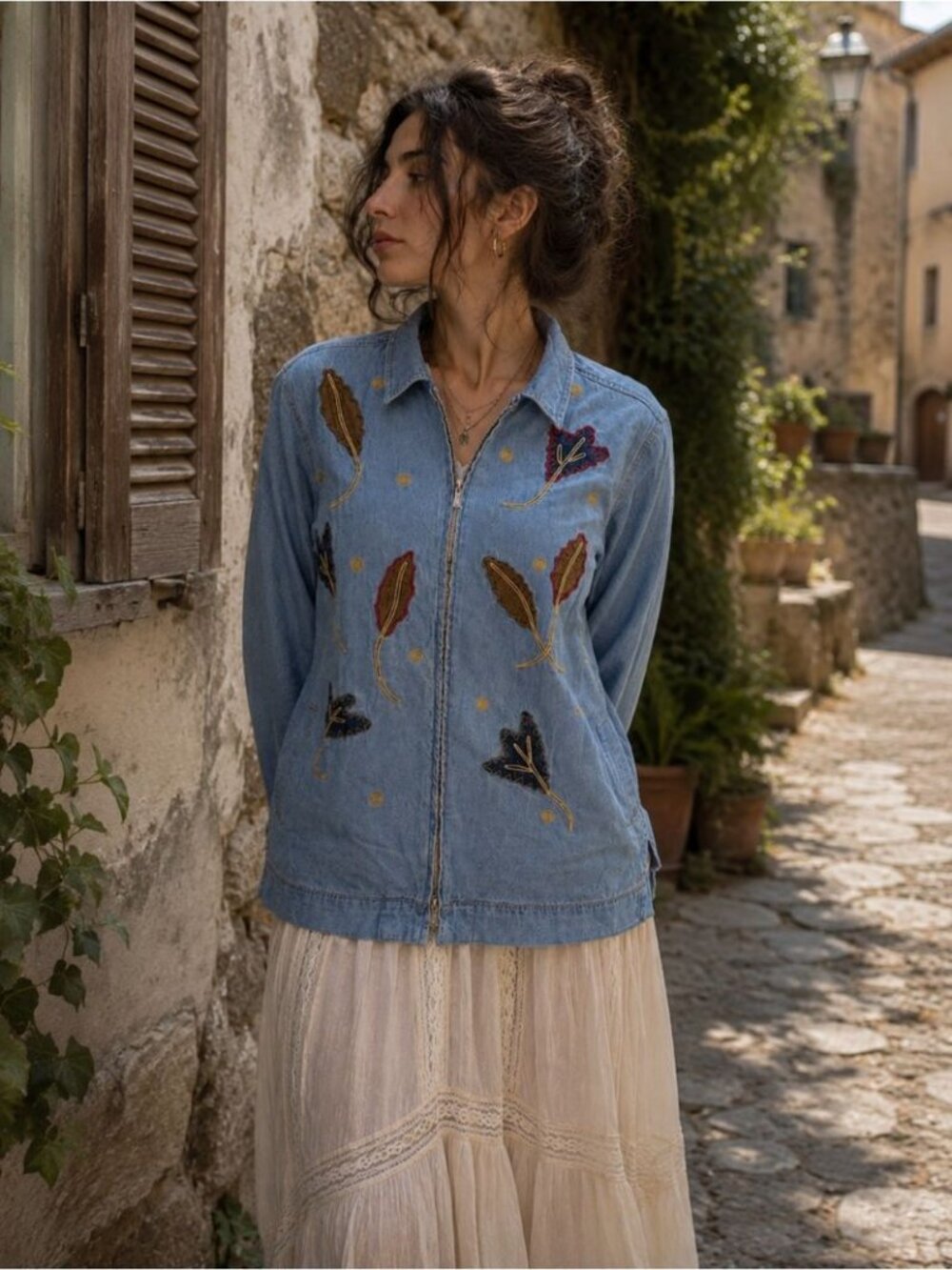 Vintage Sigrid Sport Embroidered Chambray Zip up Jacket Blue Boho Floral Small